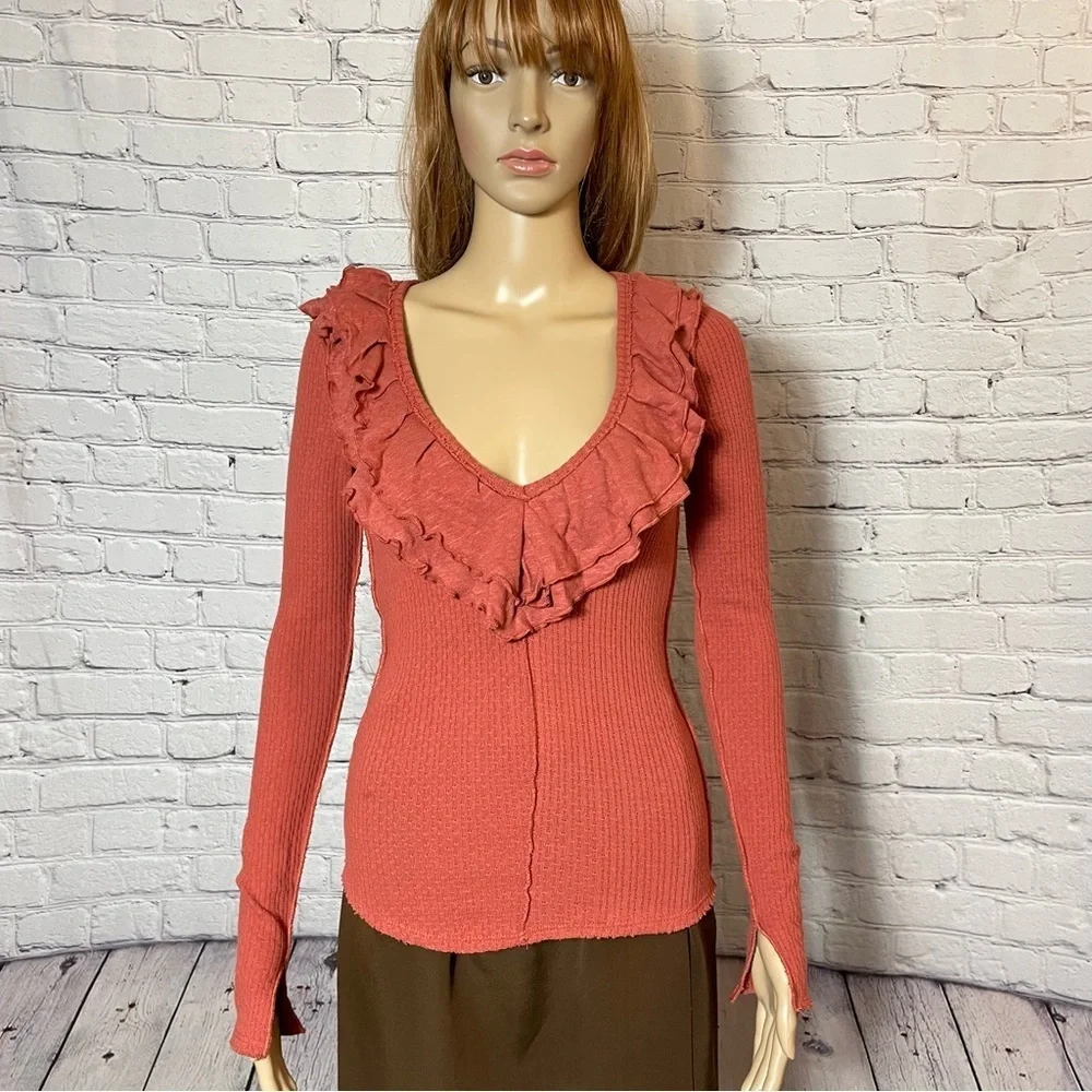 New Free People Bennet Ruffled Long Sleeve Terracotta Top Size XS